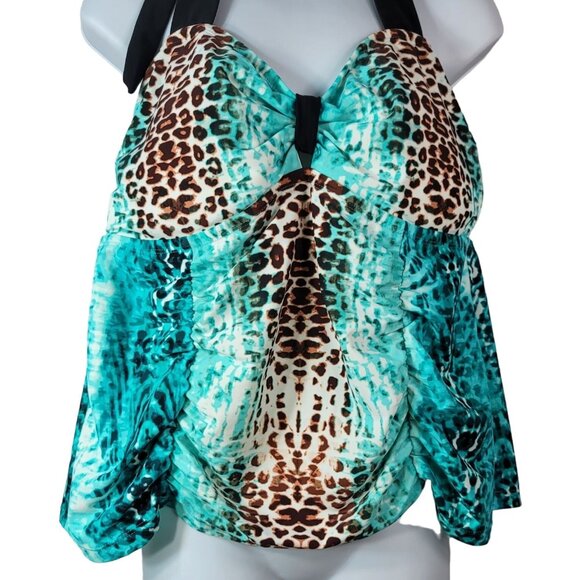 Catalina Halter Tankini Green Brown 2X Animal Print Ruched TieDye No Wire Plunge - Picture 3 of 8